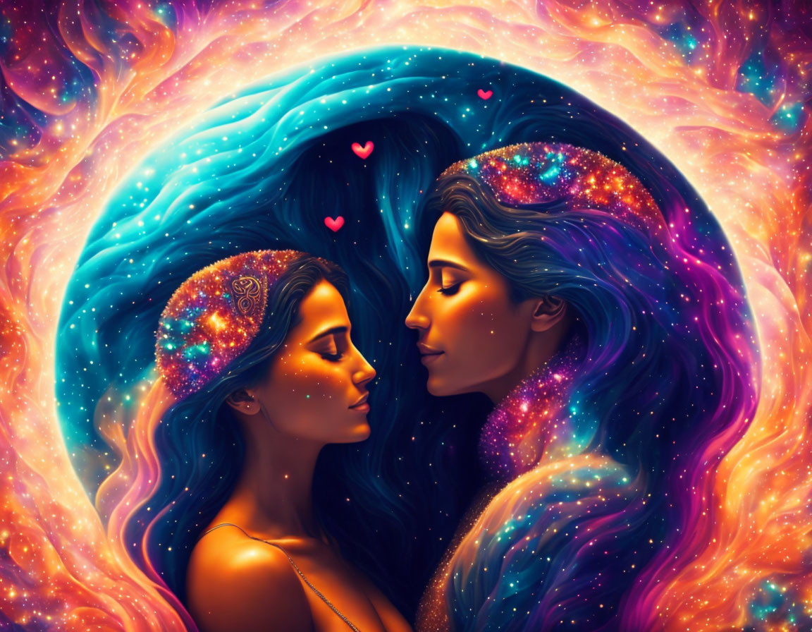 Two women with cosmic star-filled hair leaning together in front of vibrant nebula background
