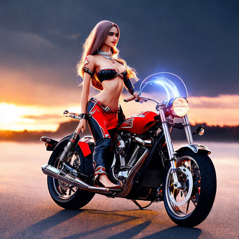 Blonde woman in red and black outfit by motorcycle at sunset