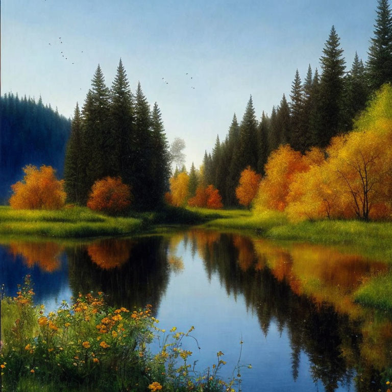 Autumn forest reflection on still lake with golden foliage