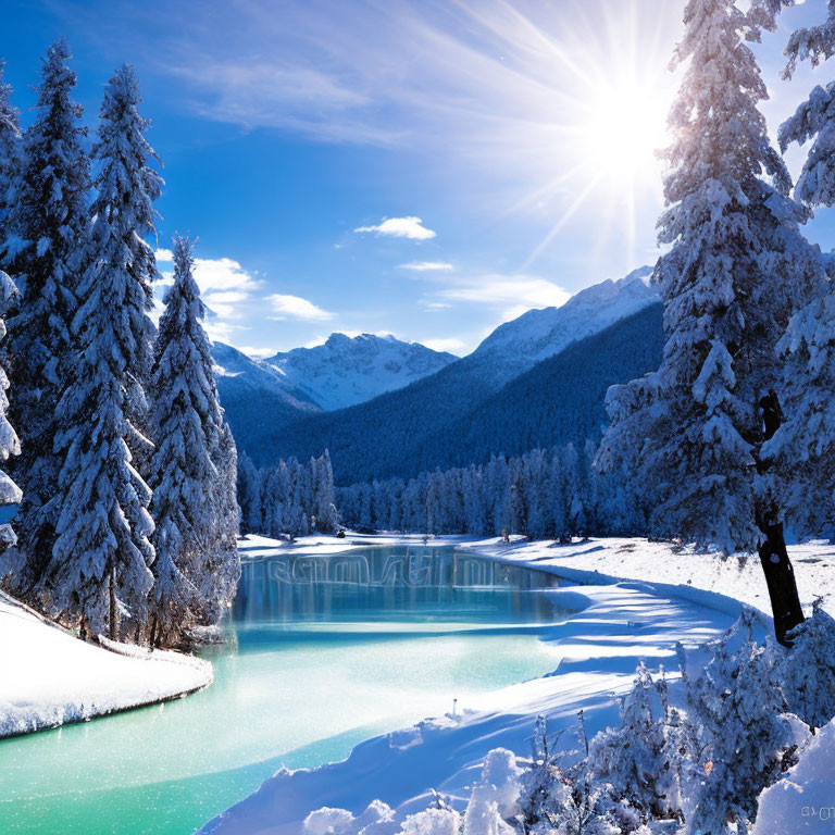 Snow-covered trees, frozen lake, mountains in serene winter landscape