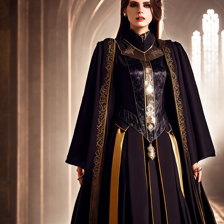 Medieval-inspired woman in black and gold costume under sunlight.