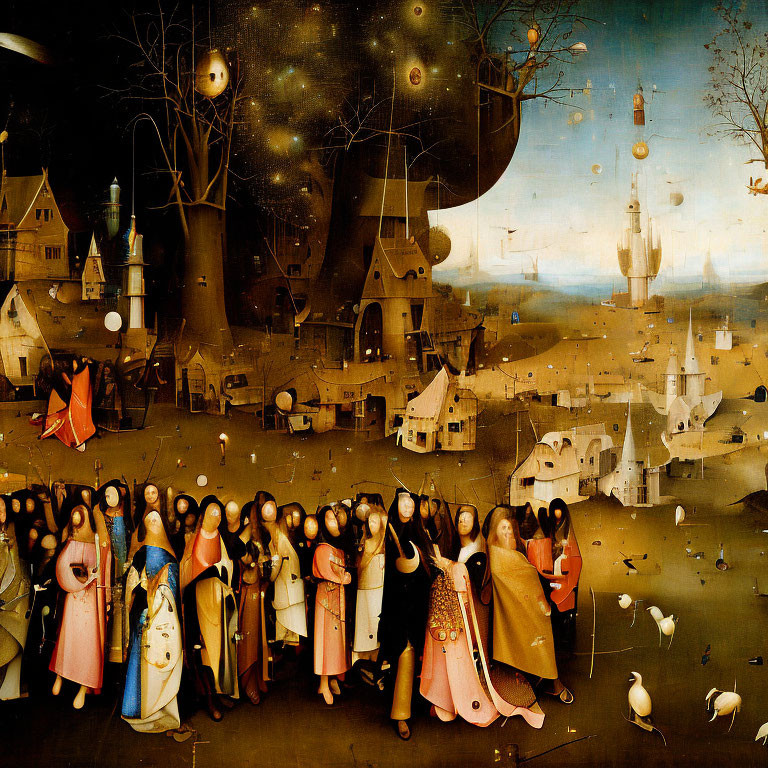 Intricate surreal painting: Medieval town, robes, bizarre structures, fantastical creatures, celestial elements