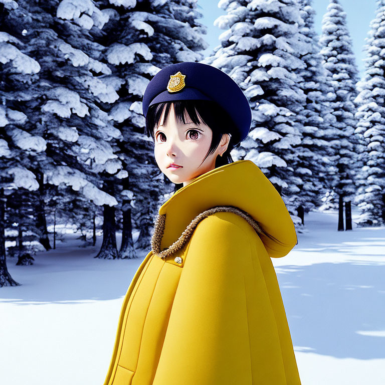 Female animated character in police cap and yellow coat in snowy forest