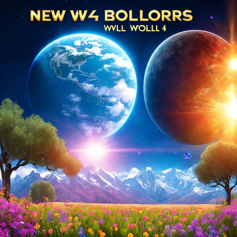 Colorful Fantasy Landscape with Flowers, Trees, Mountains, Planets, and Sun