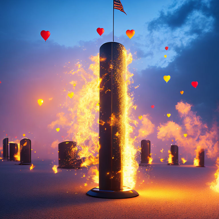 Fiery pillar with U.S. flag, columns, hearts in twilight sky