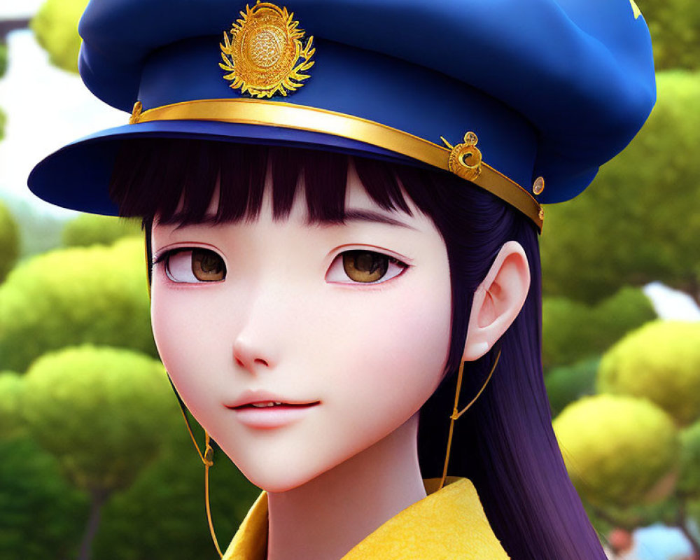 Dark-haired animated character in blue military hat and golden earrings among green trees.