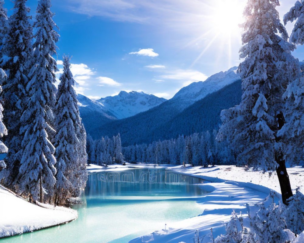 Snow-covered trees, frozen lake, mountains in serene winter landscape