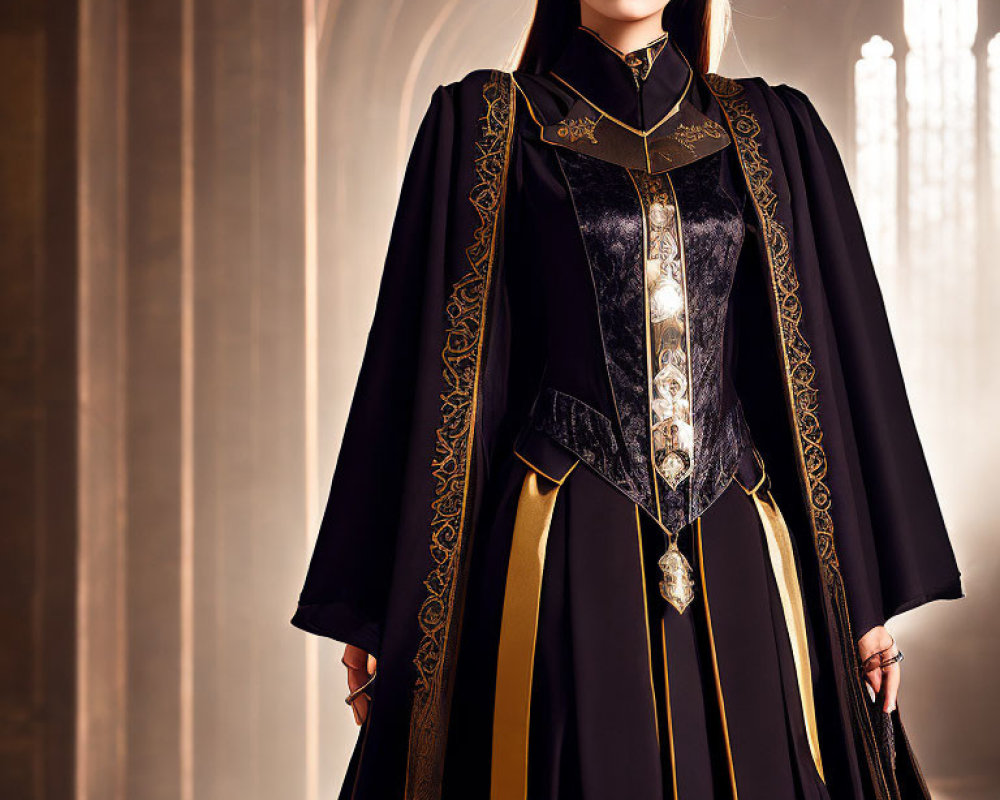 Medieval-inspired woman in black and gold costume under sunlight.
