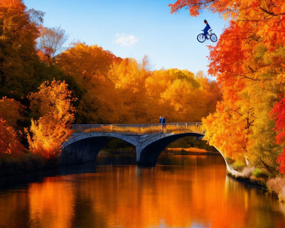 Cyclist mid-air stunt over arched bridge in autumn scenery