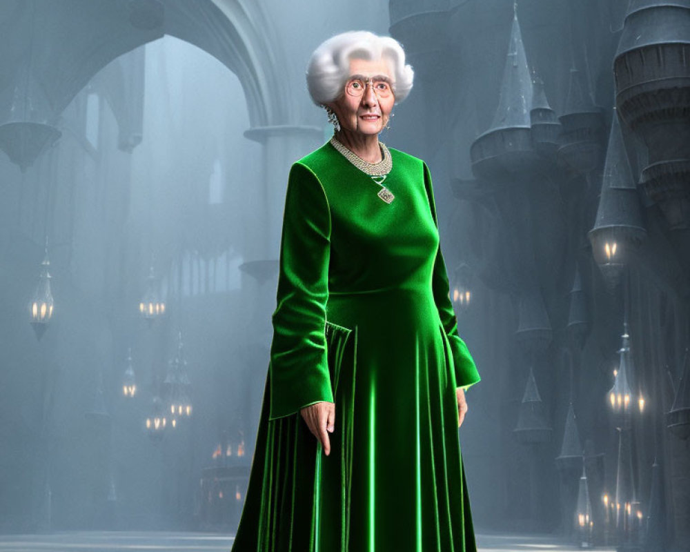 Elderly Woman in Green Dress and Pearls in Grand Gothic Hall