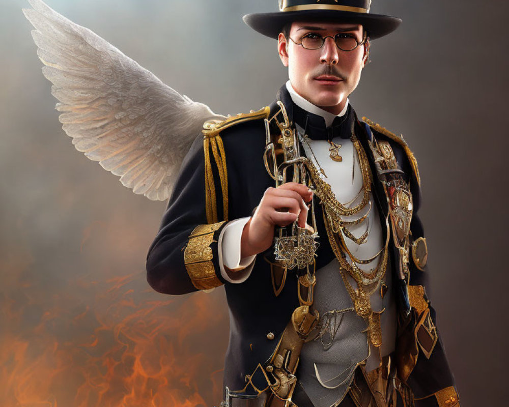 Steampunk-inspired man with angelic wings and pocket watch