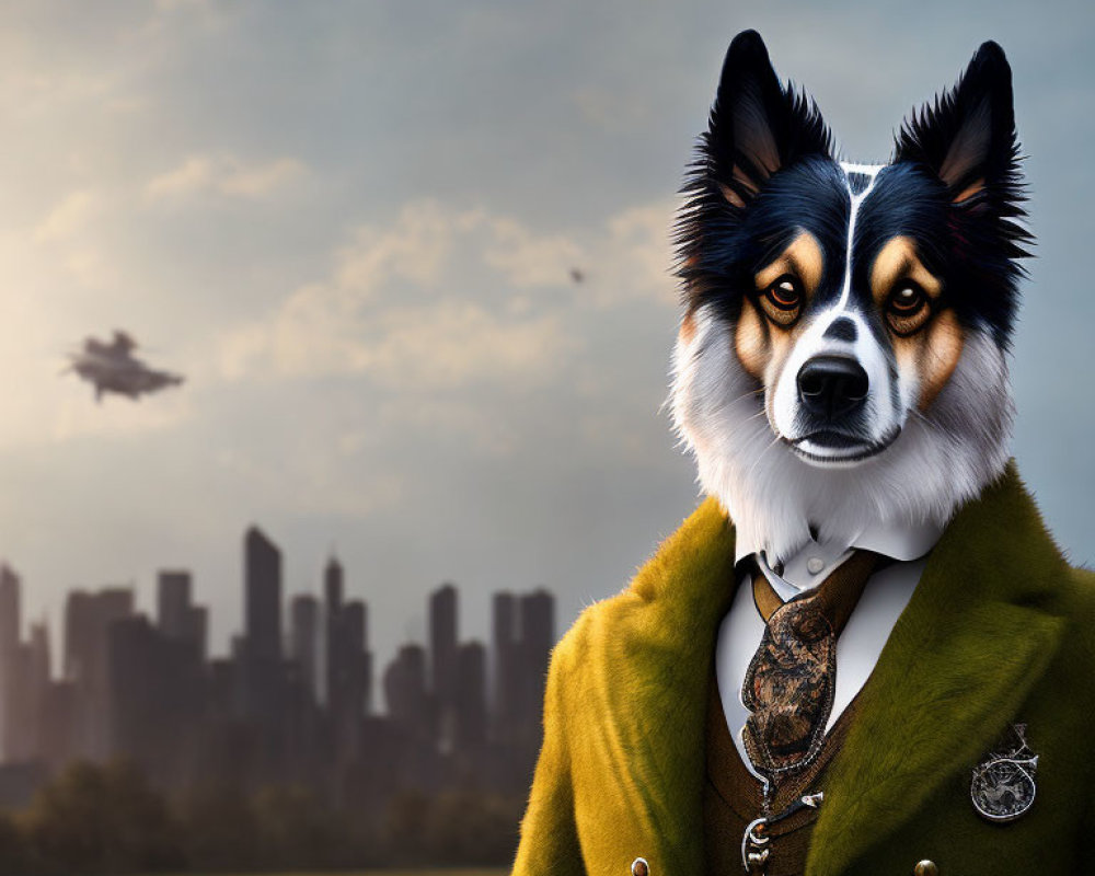 Stylized image of dog in suit with cityscape backdrop