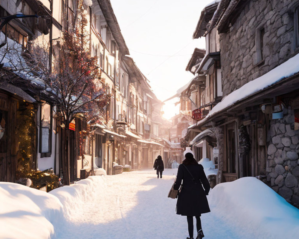 Snowy old-town street with traditional buildings in warm sunlight