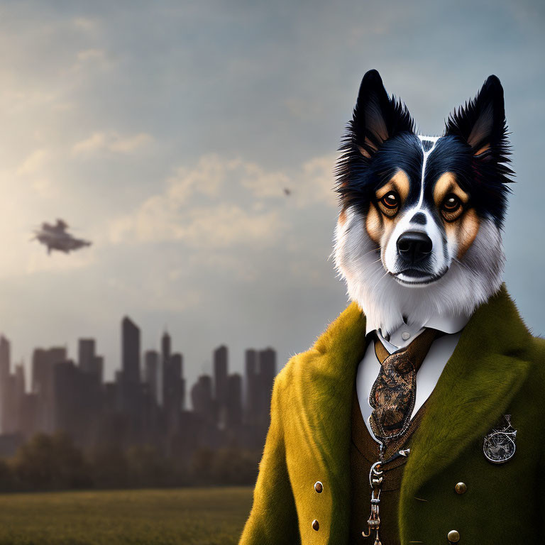 Stylized image of dog in suit with cityscape backdrop