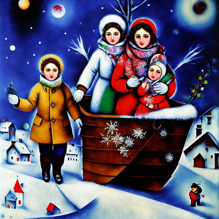 Whimsical family sledding on snowy hill with colorful houses below