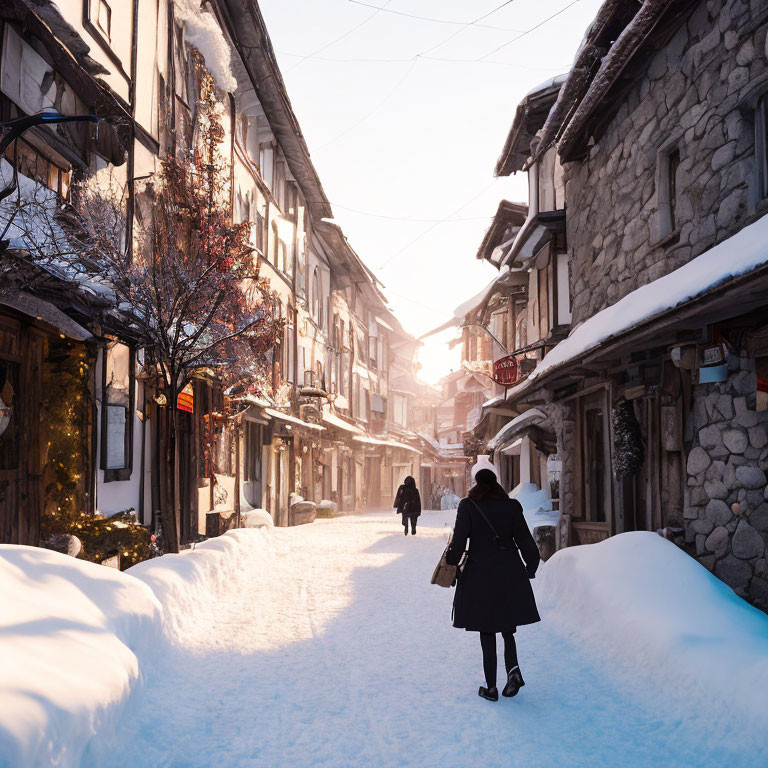 Snowy old-town street with traditional buildings in warm sunlight