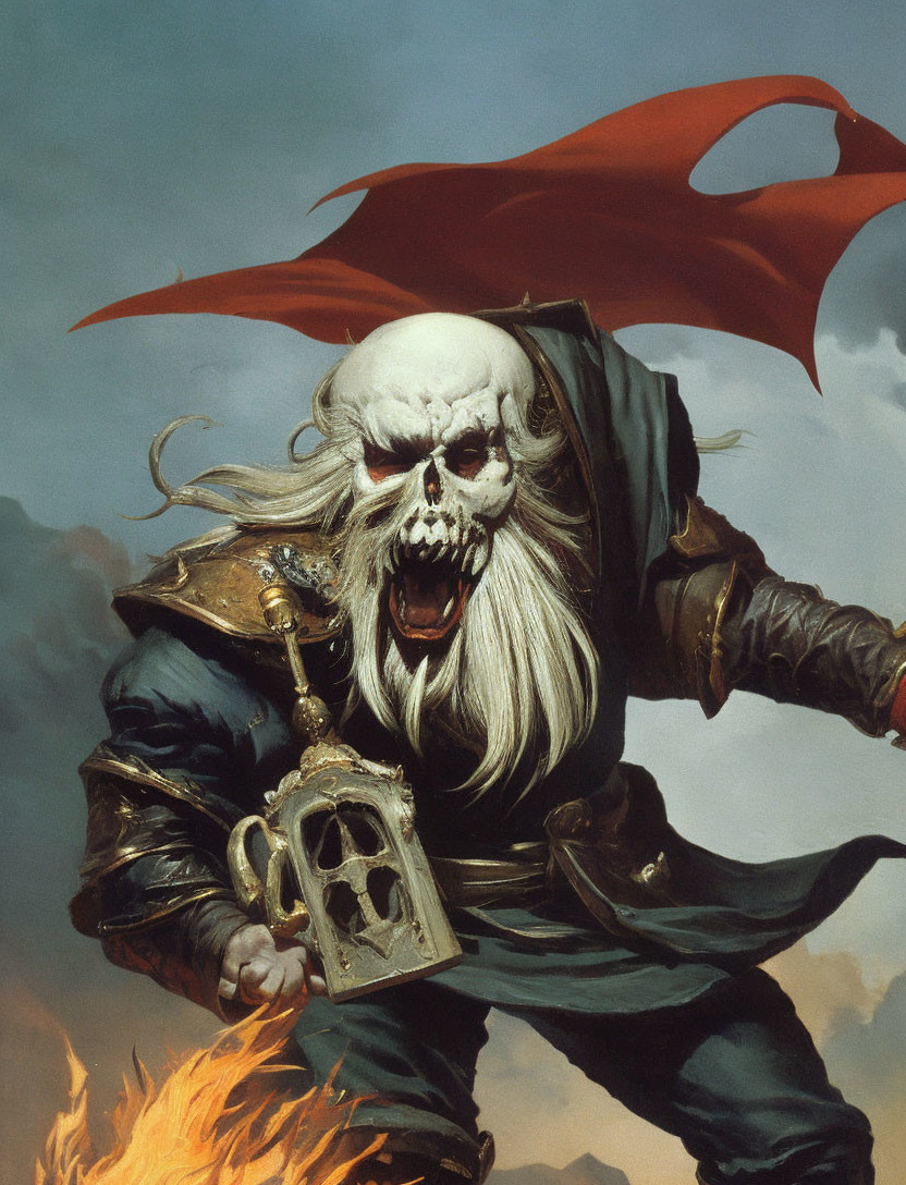 Skeleton pirate with flaming beard and lantern in stormy sky