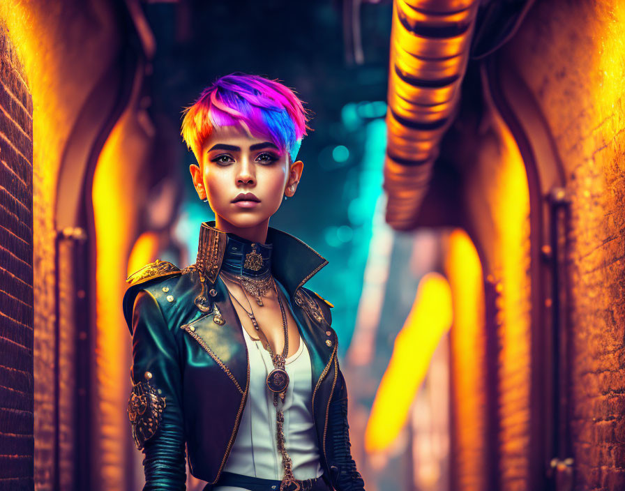 Colorful individual in neon-lit alleyway with purple hair and leather jacket