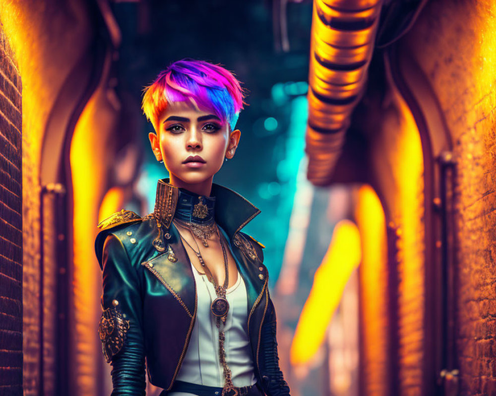Colorful individual in neon-lit alleyway with purple hair and leather jacket