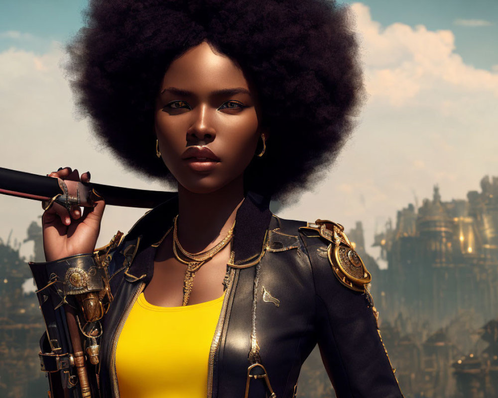 Confident woman with afro hairstyle holding spear in futuristic cityscape