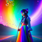 Vibrant fantasy art: witch with star wand under rainbow aurora