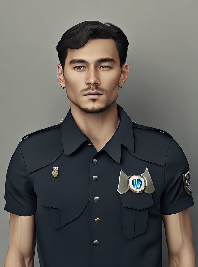 Digital art portrait of man with dark hair and goatee in uniform with badges