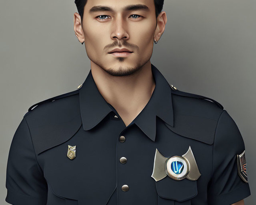 Digital art portrait of man with dark hair and goatee in uniform with badges