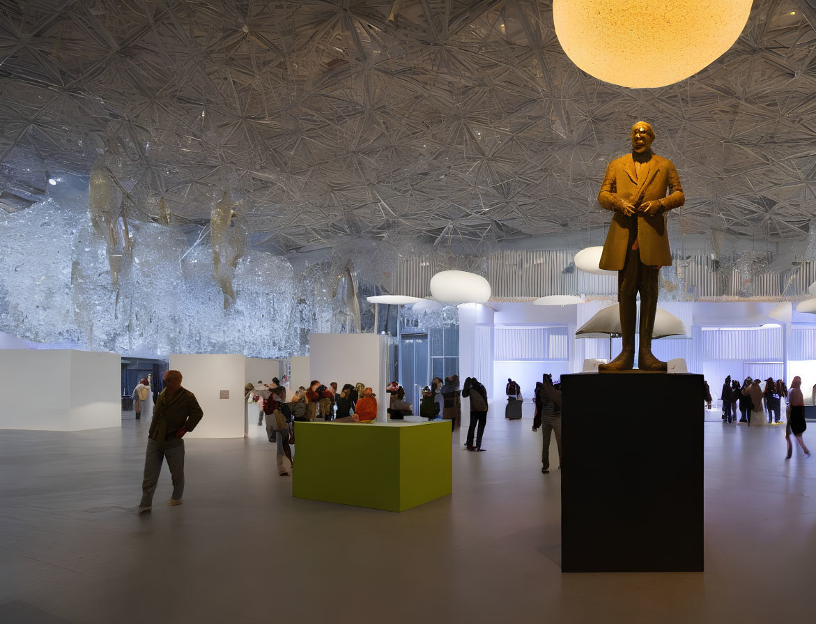 Art gallery with textured ceiling, glowing sphere, statue, and sculptures