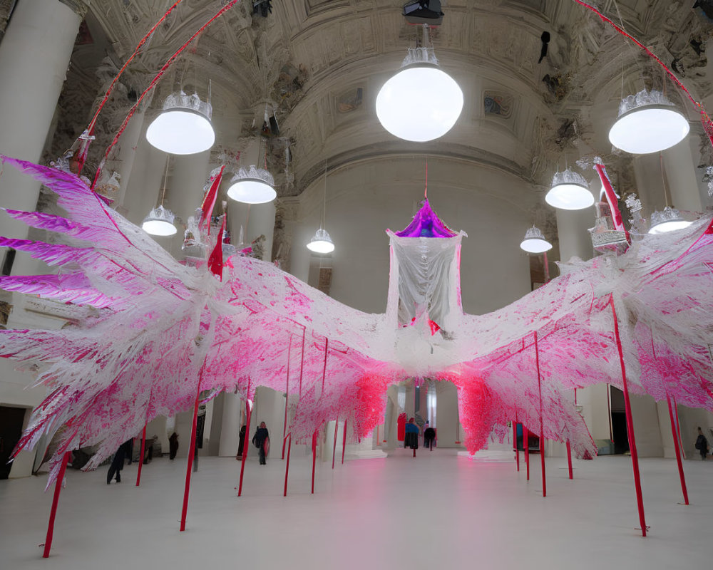 Vibrant pink wing installation in elegant white interior