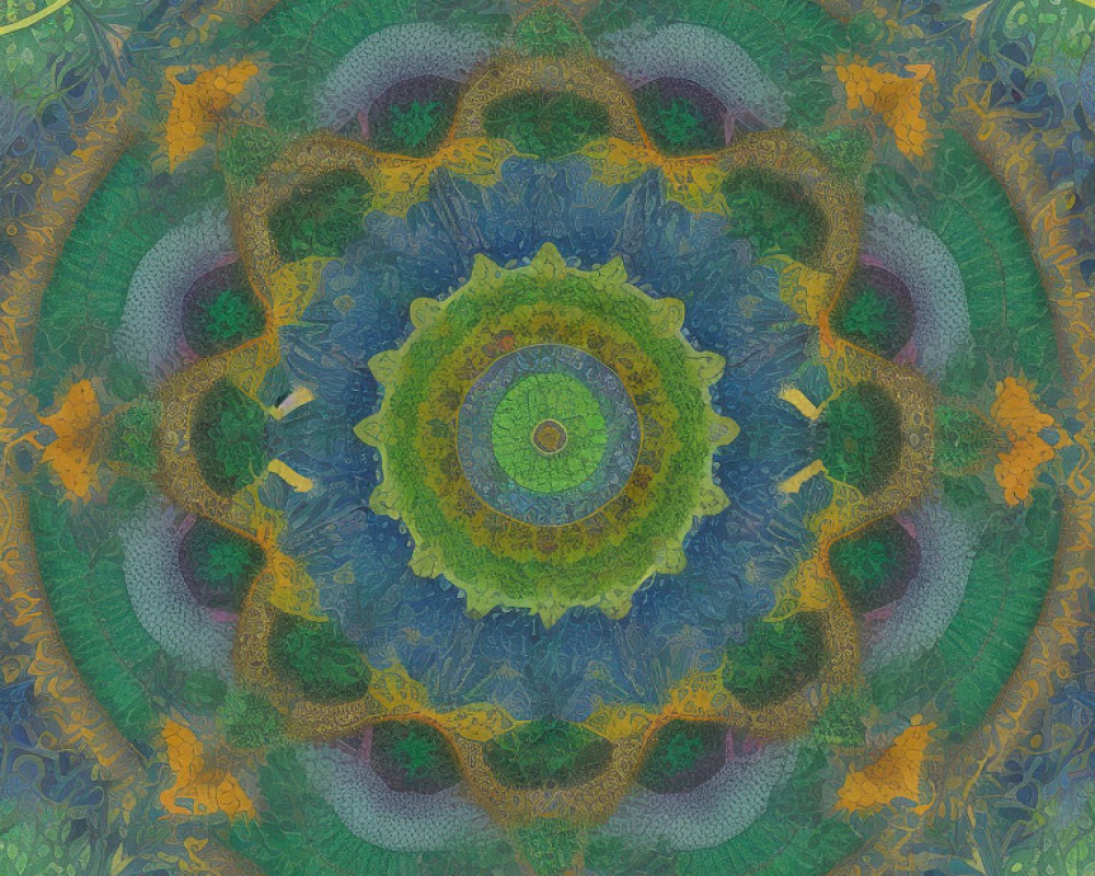 Symmetrical green, blue, and yellow mandala with floral accents