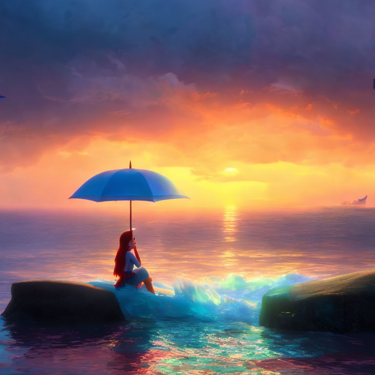 Silhouetted person with blue umbrella against vibrant sunset by serene sea