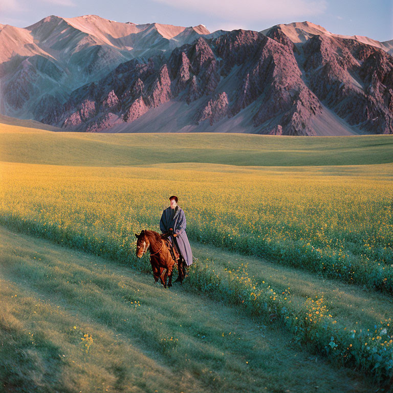 Scenic horseback ride in yellow flower field with mountains at golden hour