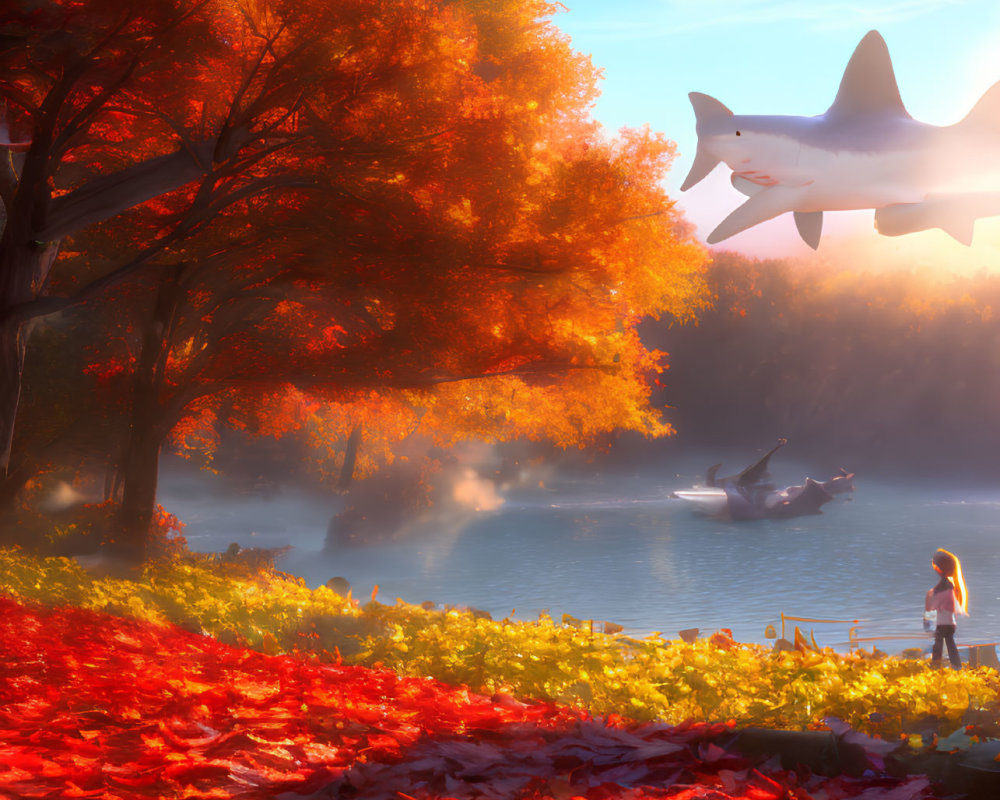 Vibrant autumn lake scene with person, boat, and airplane