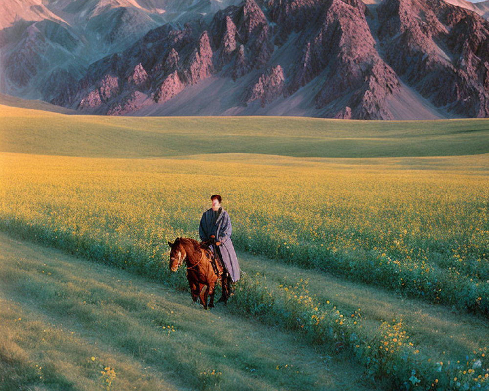 Scenic horseback ride in yellow flower field with mountains at golden hour
