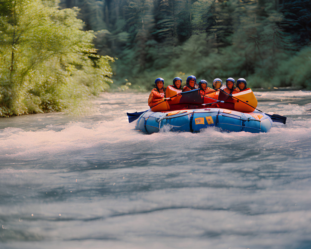 Group of People Rafting in Safety Gear on Rapid River