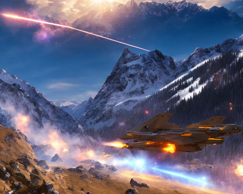 Futuristic fighter jets in mountain landscape with energy beam at sunset