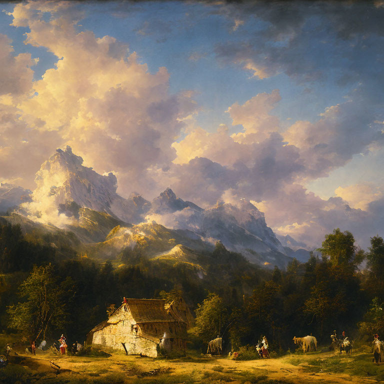 Rustic cottage in mountain landscape with villagers and cattle