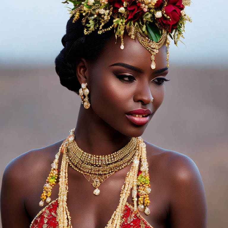 Elaborate floral headpiece and gold jewelry on woman in soft-focus setting