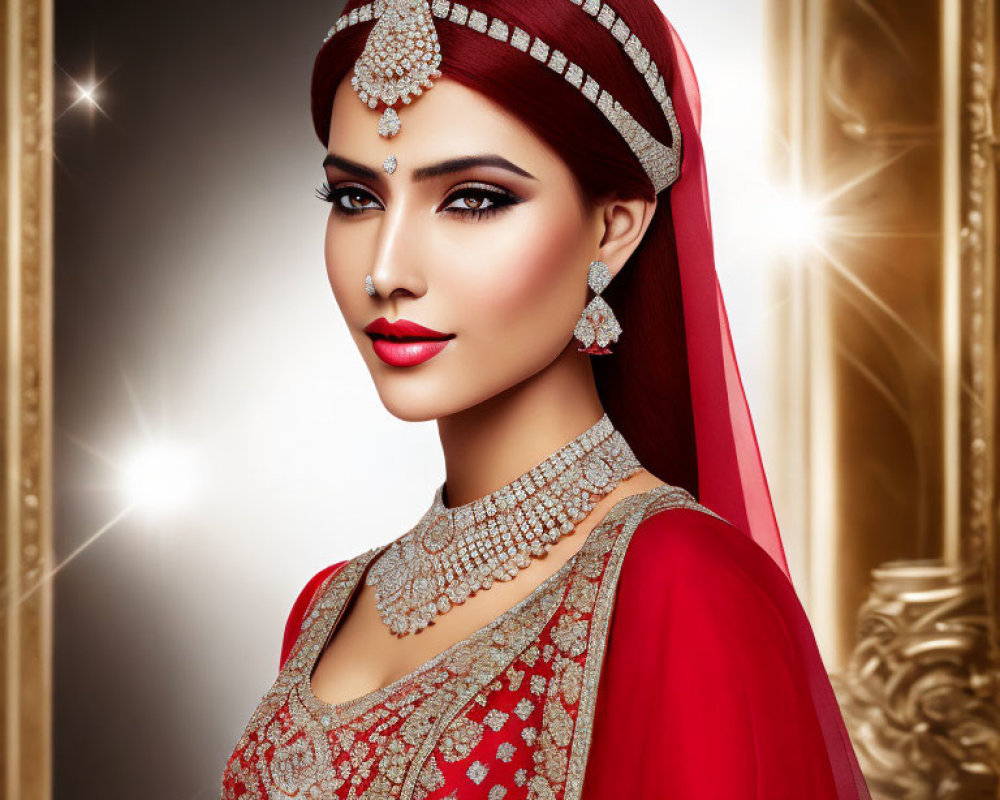 Traditional Red Bridal Attire with Heavy Jewelry and Golden Backdrop