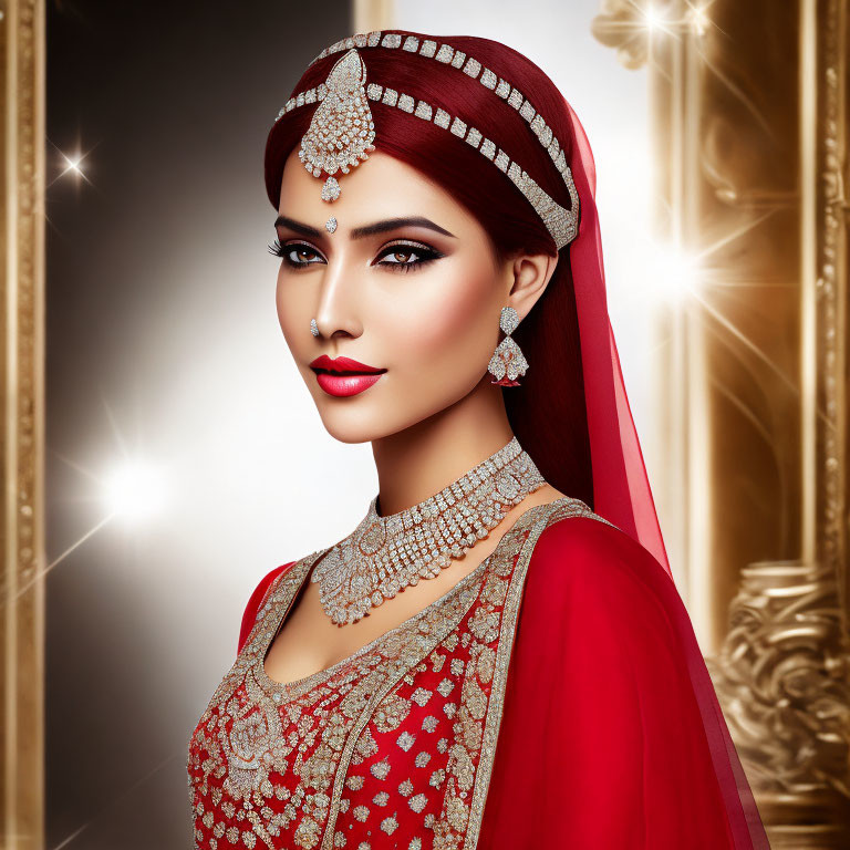 Traditional Red Bridal Attire with Heavy Jewelry and Golden Backdrop