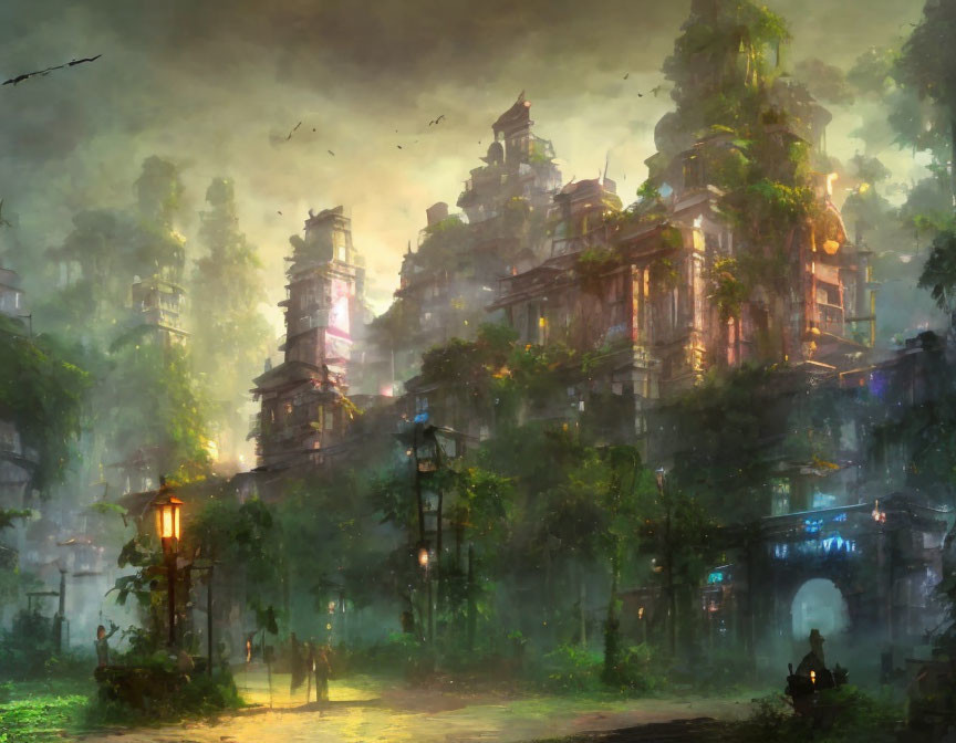 Ancient city with towering structures in lush greenery and glowing street lamps.