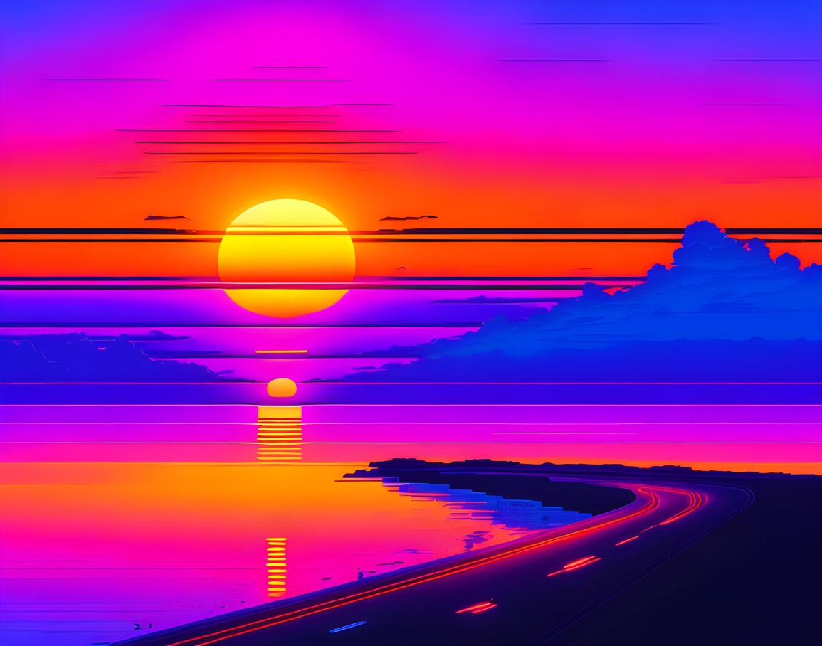 Colorful digital artwork: Coastal road at sunset