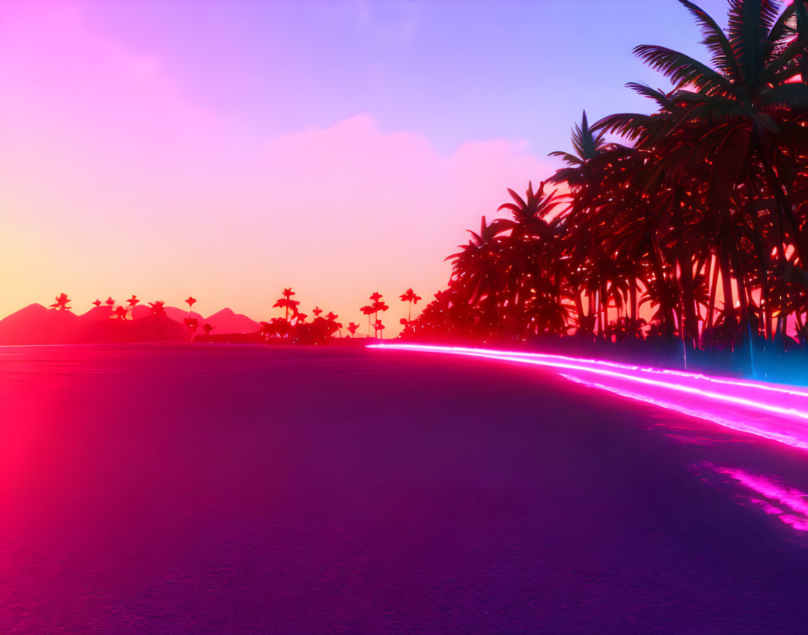 Vivid neon sunset over tropical landscape with palm trees and mountains, glowing pink-purple reflection on serene beach