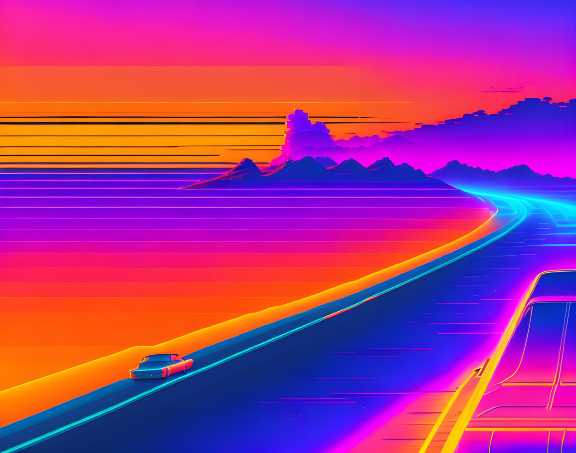 Colorful digital artwork: Long road, blue car, neon outlines, vivid sunset.