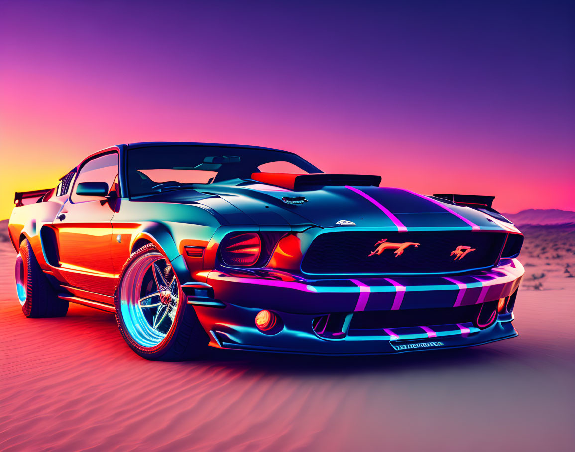 Classic Mustang with modern neon colors in desert setting
