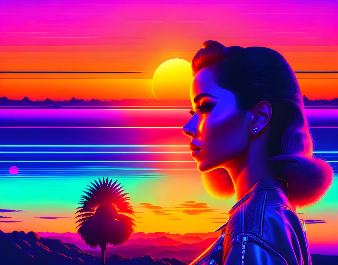 Profile of a woman with neon outlines against retro-futuristic sunset.