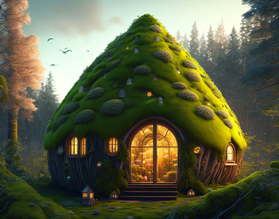 Cone-shaped fantasy house in enchanting forest with mossy roof