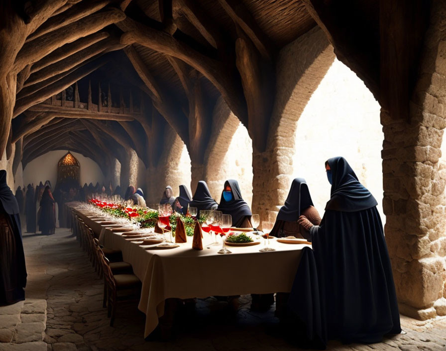 Medieval hall banquet table with figures in cloaks