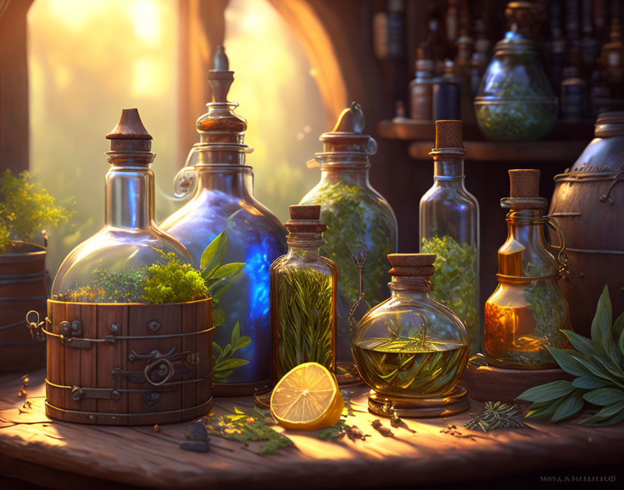 Enchanting Alchemist's Table with Potions and Herbs