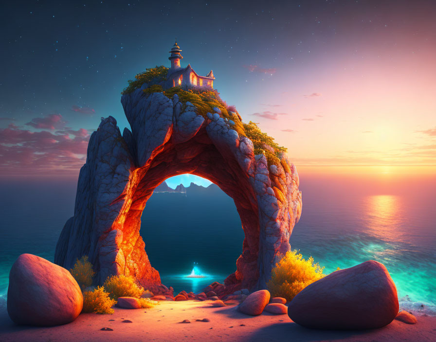 Majestic lighthouse on stone archway by serene ocean at sunset